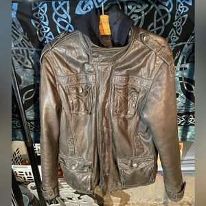 True Religion Brown Leather Bomber Jacket/w Fleece liner